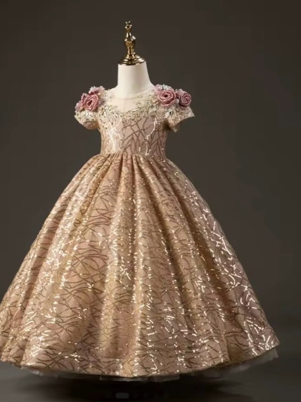 Sparkling Pink-Gold Floral Appliqué Girls' Formal Dress